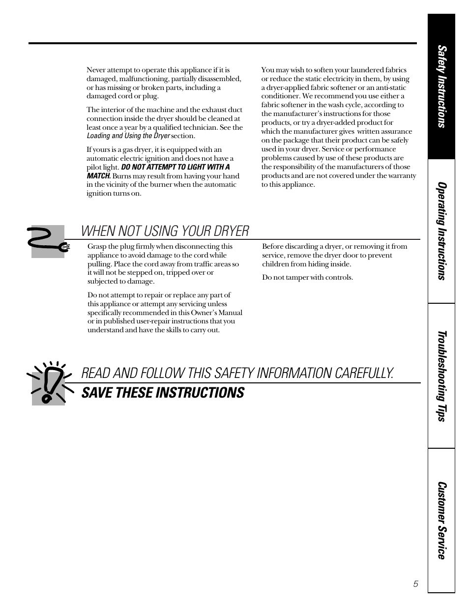 When not using your dryer | GE 485 User Manual | Page 5 / 20