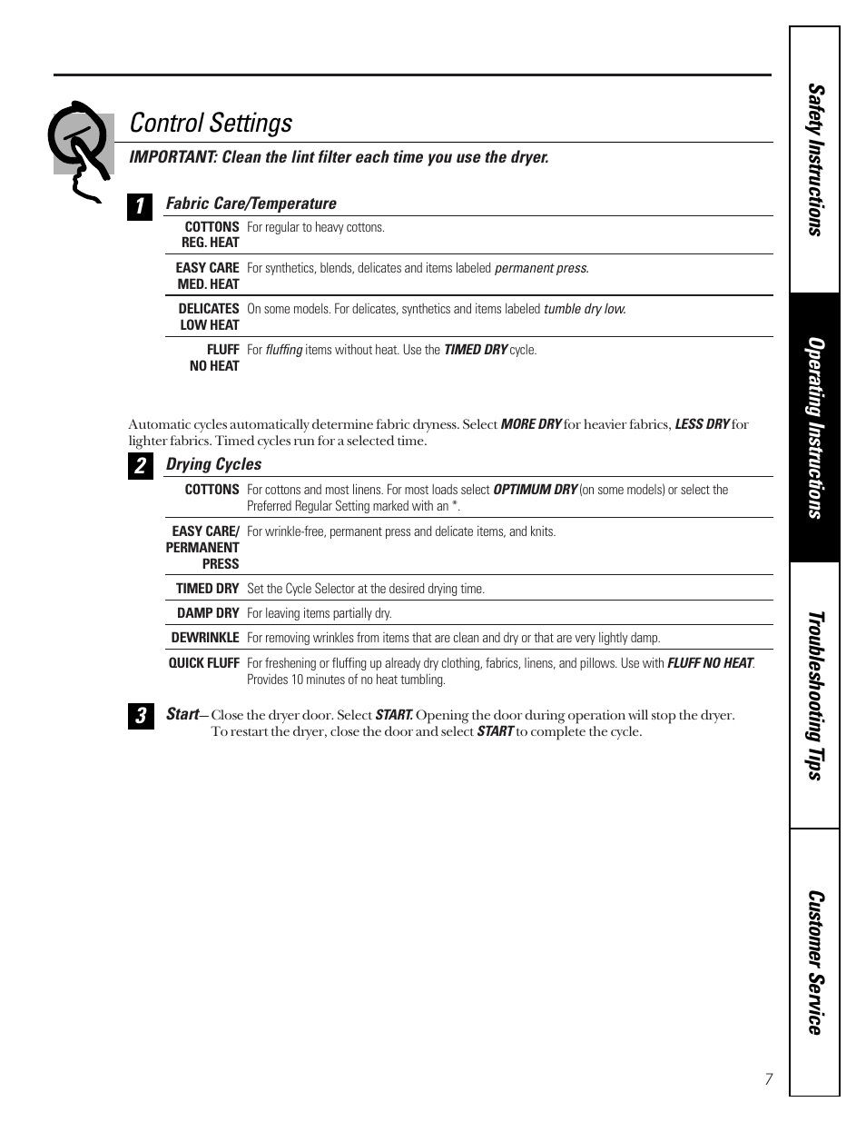 Control settings | GE 485 User Manual | Page 7 / 20