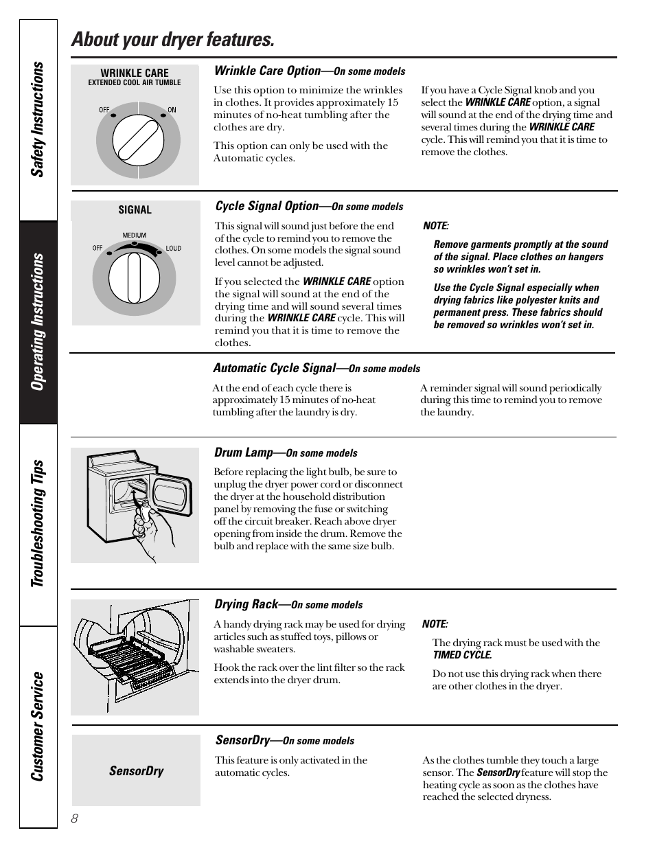 Features, About your dryer features | GE 485 User Manual | Page 8 / 20