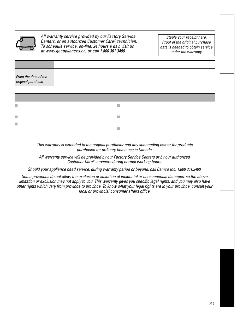 Camco built-in electric oven warranty | GE JCT 915 User Manual | Page 31 / 32