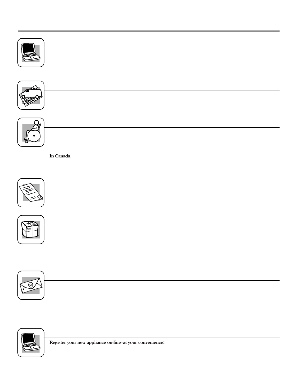 Register your appliance, Consumer support. ge appliances website, Schedule service | Real life design studio, Extended warranties, Parts and accessories, Contact us | GE JCT 915 User Manual | Page 32 / 32