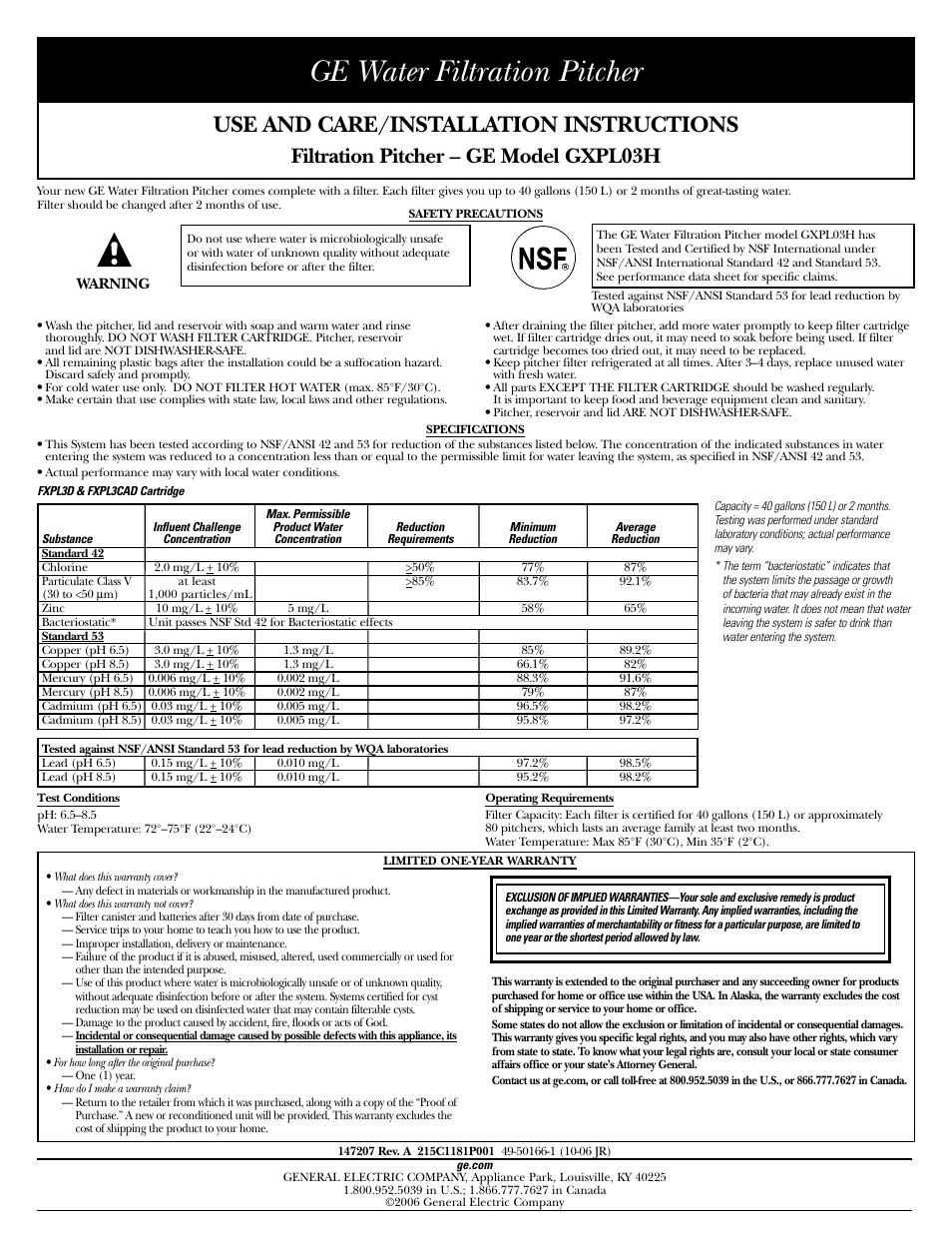 GE GXPL03H User Manual | 12 pages