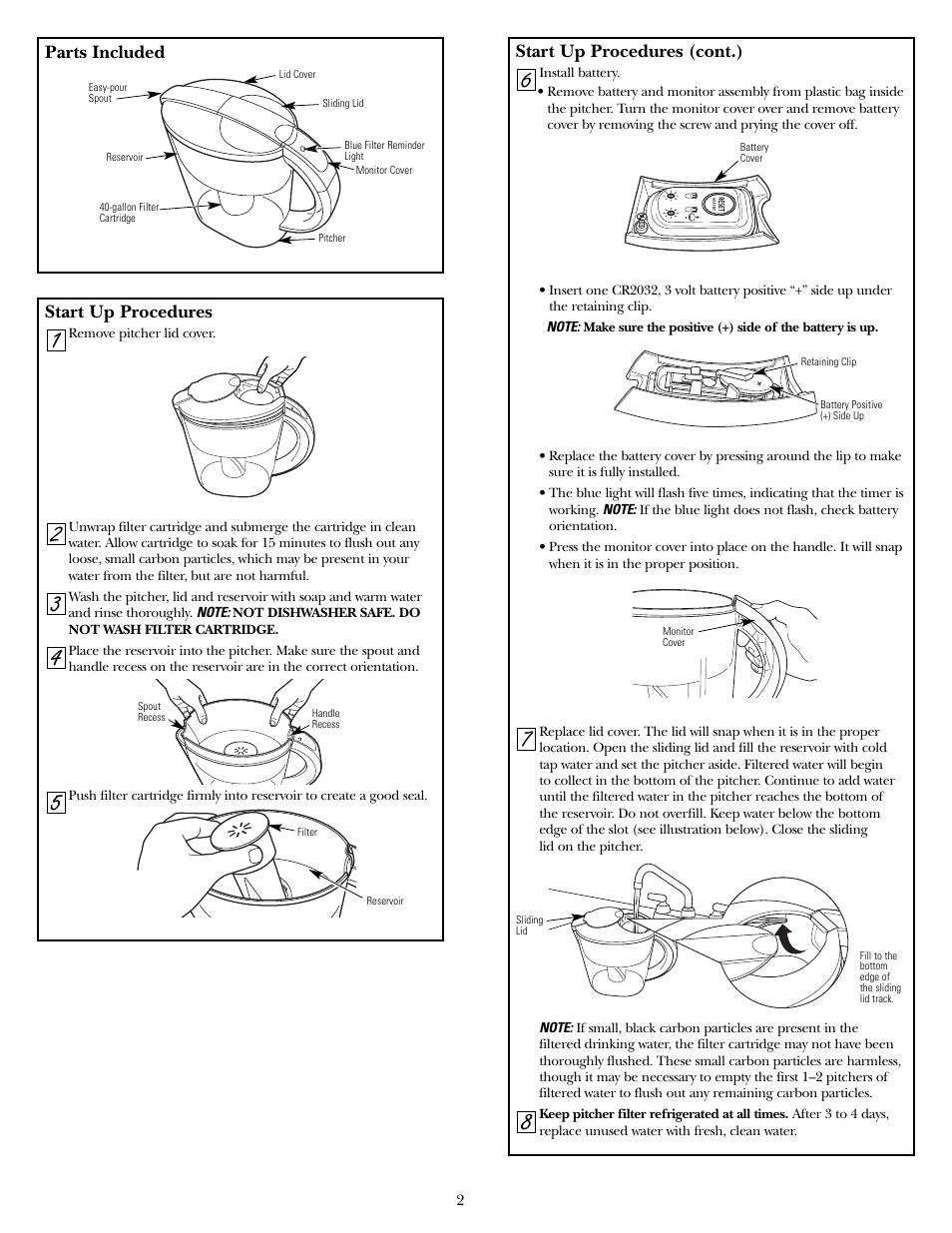 Parts included, Start up procedures | GE GXPL03H User Manual | Page 2 / 12