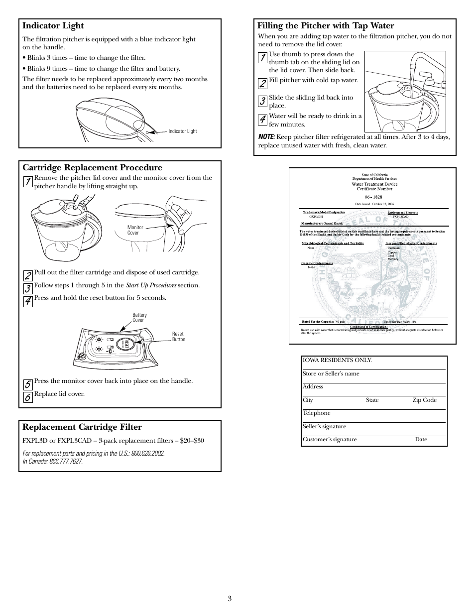 Indicator light, Cartridge replacement procedure, Filling the pitcher with tap water | GE GXPL03H User Manual | Page 3 / 12