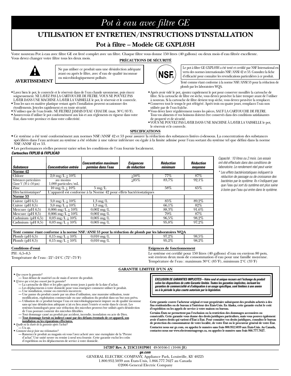 Francais, Specifications, Garantie limitee d’un an | Pot à eau avec filtre ge, Pot à filtre – modèle ge gxpl03h | GE GXPL03H User Manual | Page 5 / 12