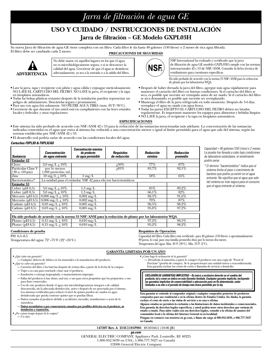 Español, Especificaciones, Garantía limitada por un año | Jarra de filtración de agua ge, Uso y cuidado / instrucciones de instalación, Jarra de filtración – ge modelo gxpl03h | GE GXPL03H User Manual | Page 9 / 12