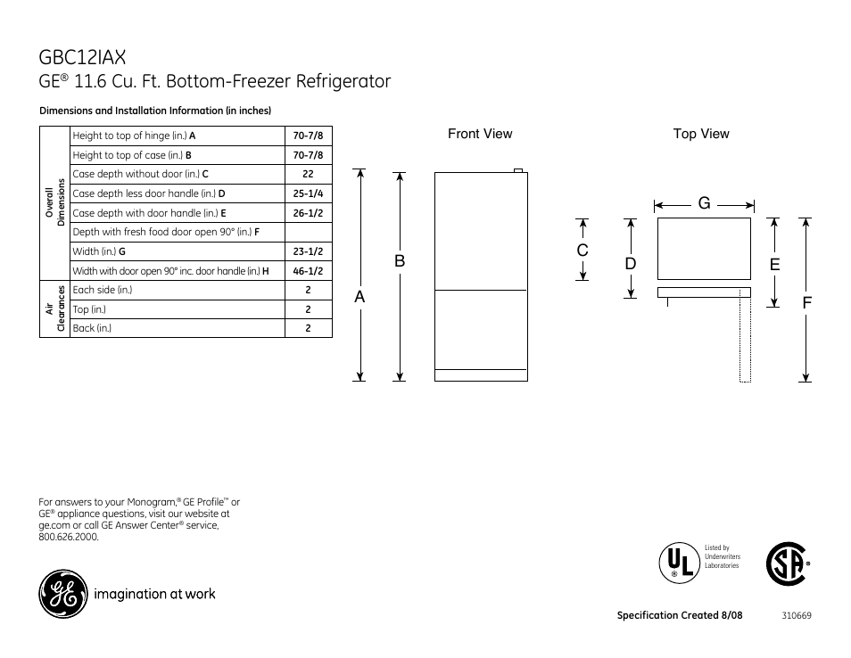 GE GBC12IAXLSS User Manual | 2 pages