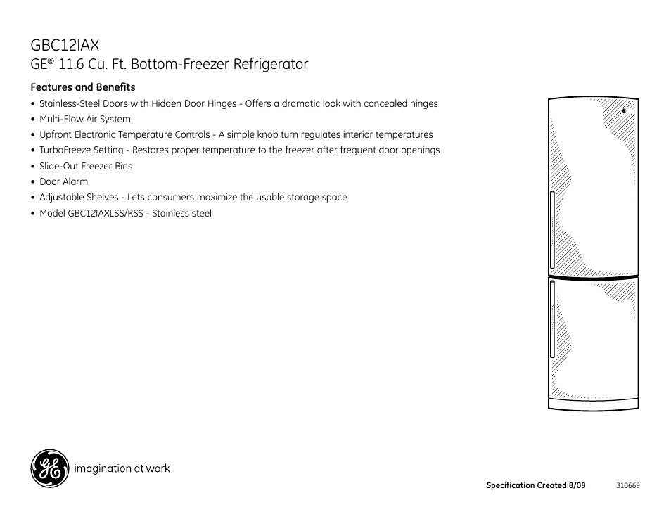 Gbc12iax, 6 cu. ft. bottom-freezer refrigerator | GE GBC12IAXLSS User Manual | Page 2 / 2