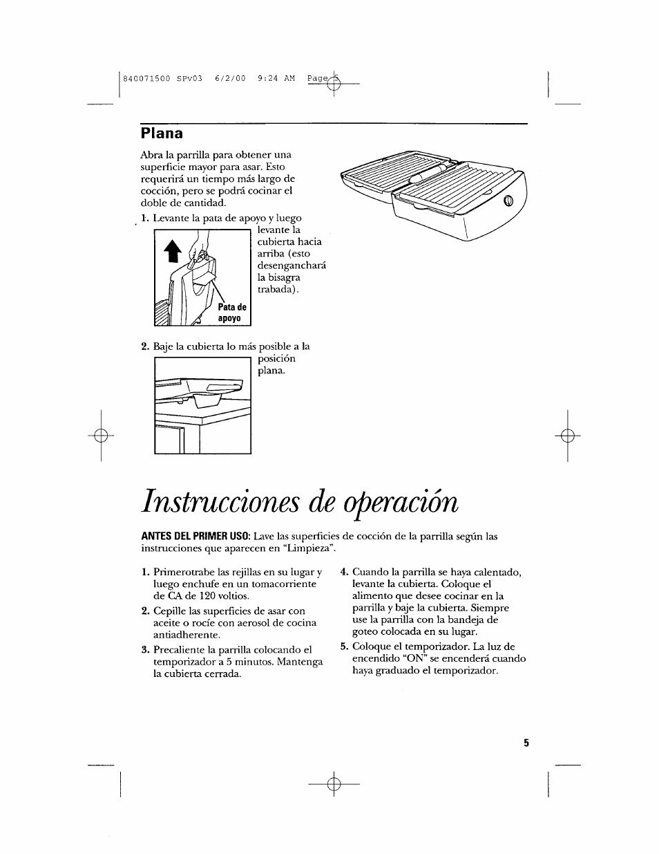 Plana, Instrucciones de operación | GE 106604 User Manual | Page 13 / 16