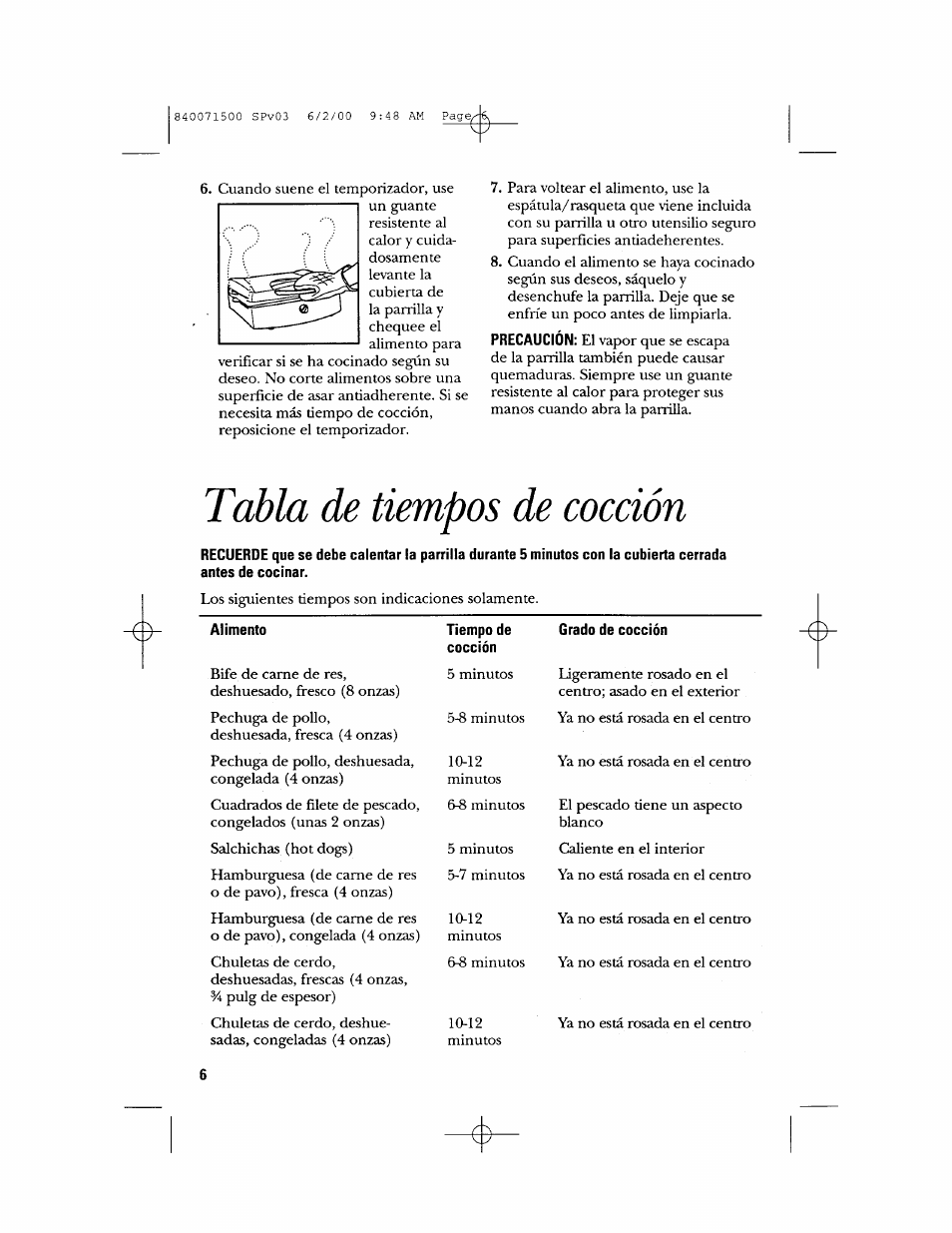 Tabla de tiempos de cocción | GE 106604 User Manual | Page 14 / 16