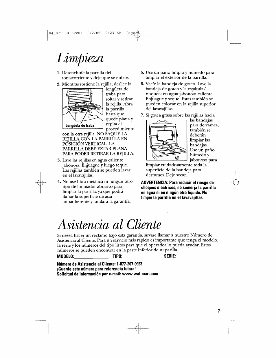Limpieza, Asistencia al cliente | GE 106604 User Manual | Page 15 / 16