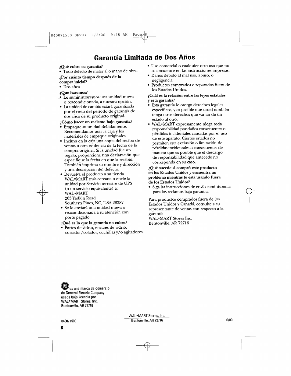Garantía limitada de dos años | GE 106604 User Manual | Page 16 / 16