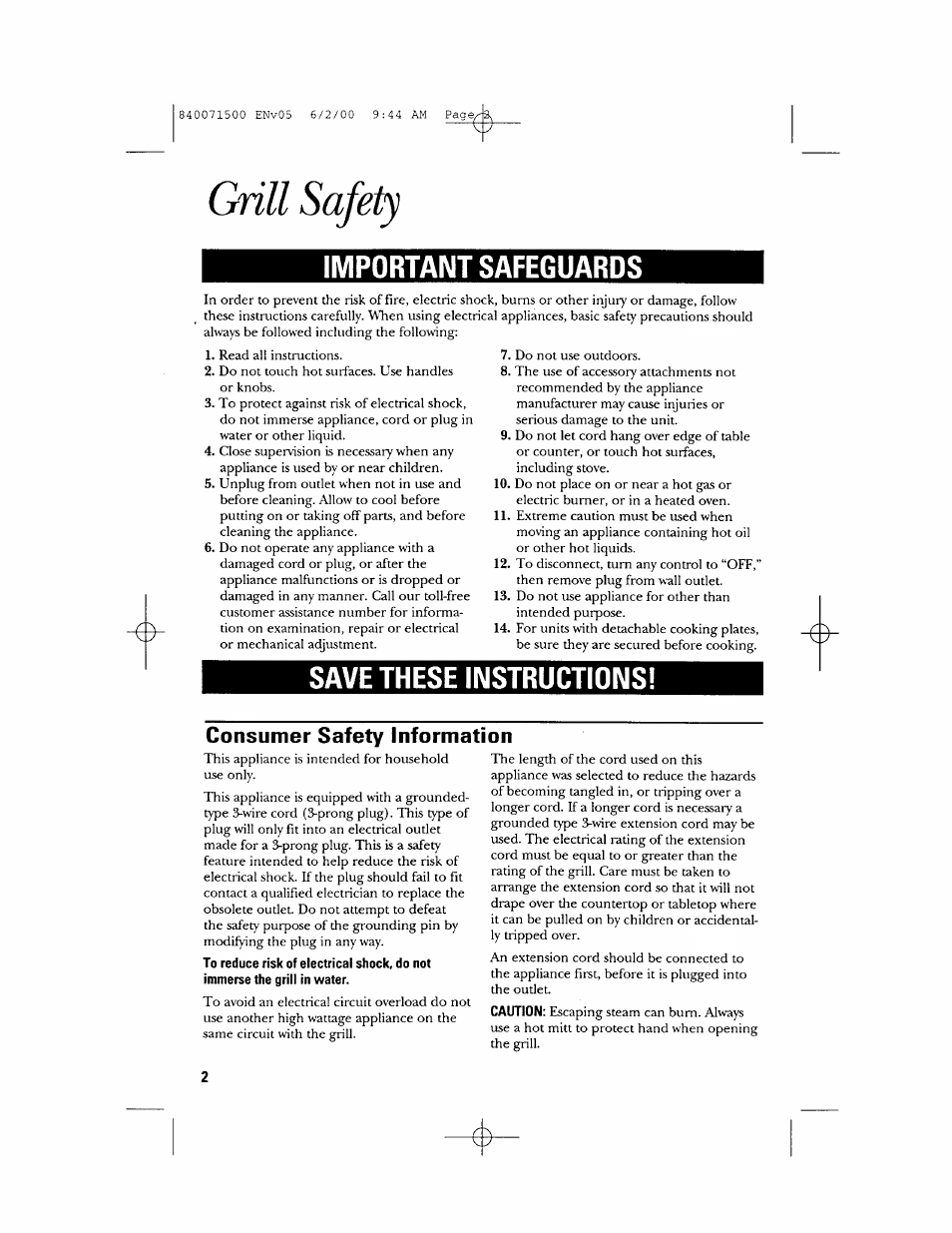 Grill safety, Consumer safety information, Important safeguards | Save these instructions | GE 106604 User Manual | Page 2 / 16