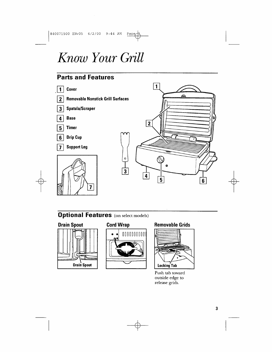 Know your grill, Parts and features | GE 106604 User Manual | Page 3 / 16