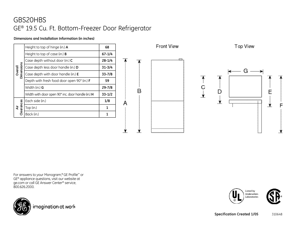 GE GBS20HBS User Manual | 2 pages