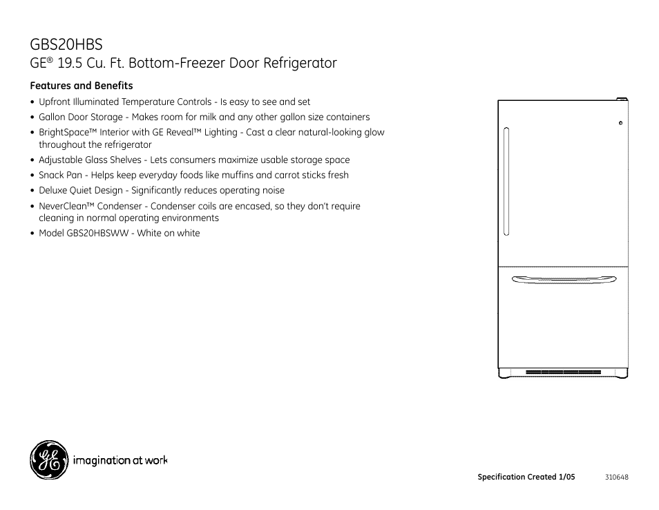 Gbs20hbs, 5 cu. ft. bottom-freezer door refrigerator | GE GBS20HBS User Manual | Page 2 / 2