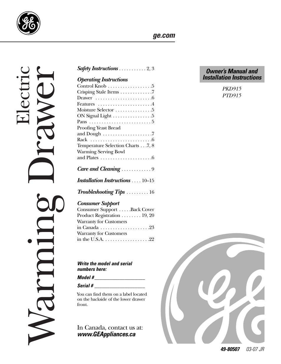 GE PTD915 User Manual | 24 pages