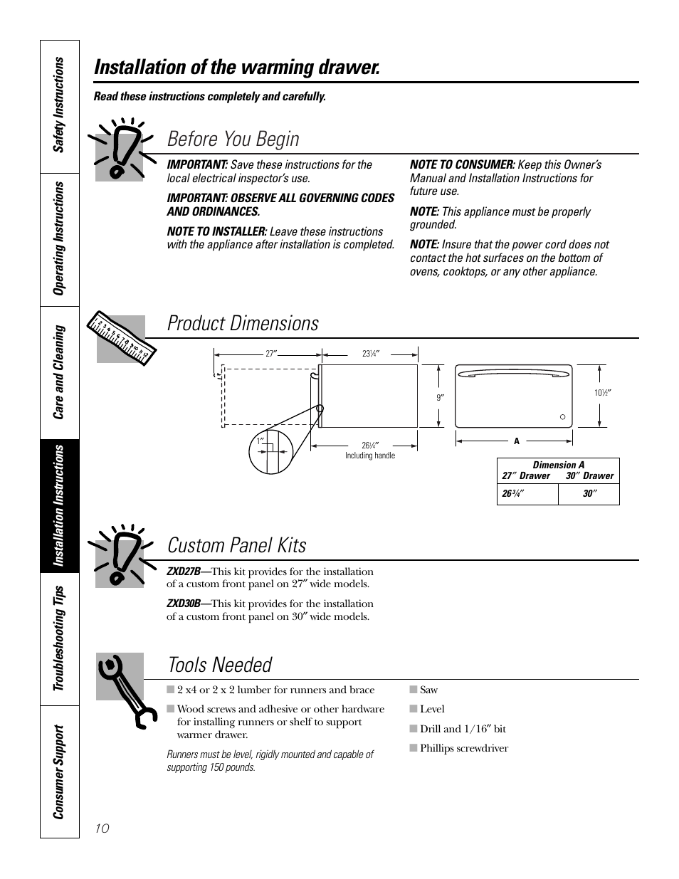 Installation instructions, Before you begin, Tools needed | Custom panel kits, Product dimensions, Installation of the warming drawer | GE PTD915 User Manual | Page 10 / 24