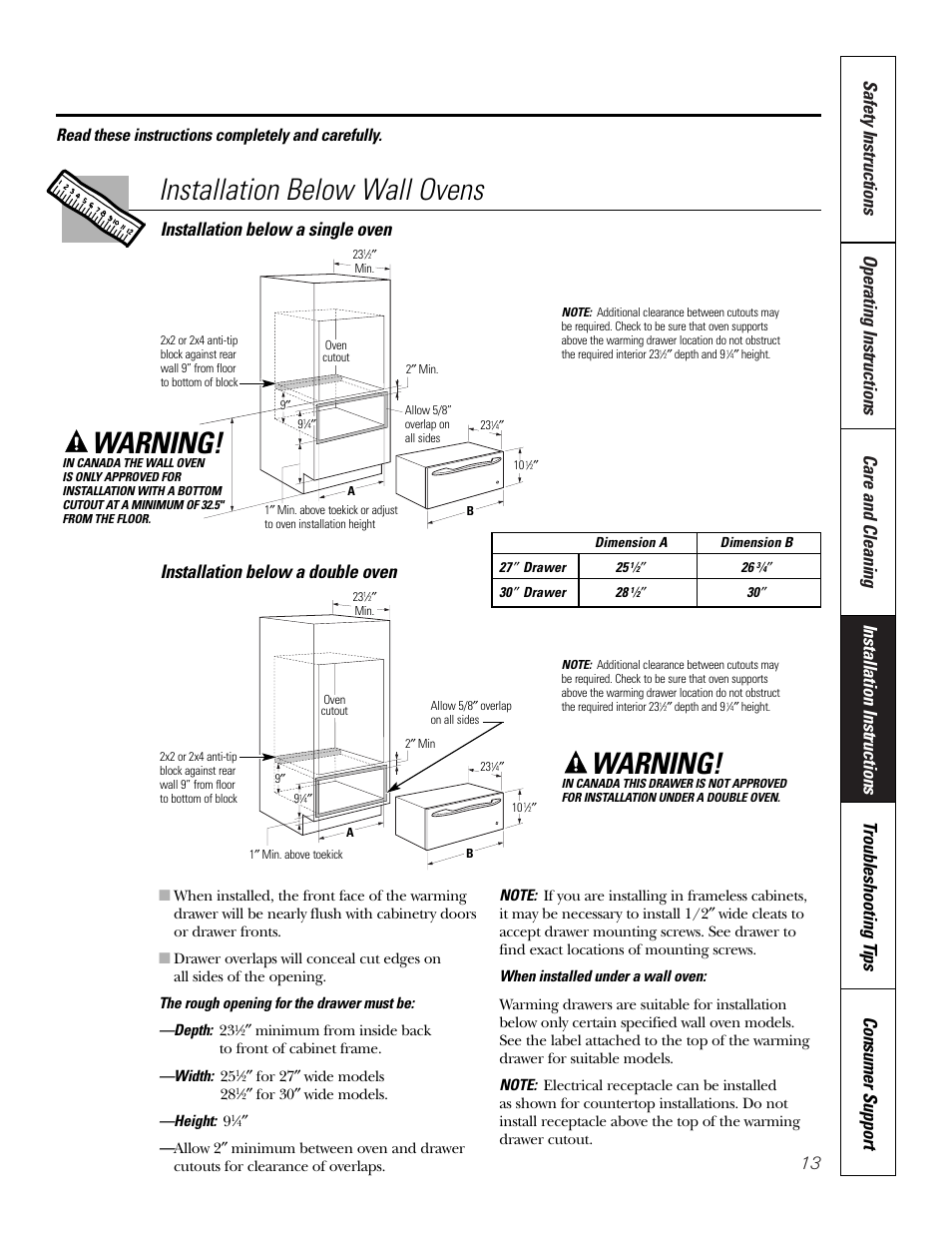 Installation below wall ovens, Warning, Installation below a single oven | Installation below a double oven, Read these instructions completely and carefully | GE PTD915 User Manual | Page 13 / 24