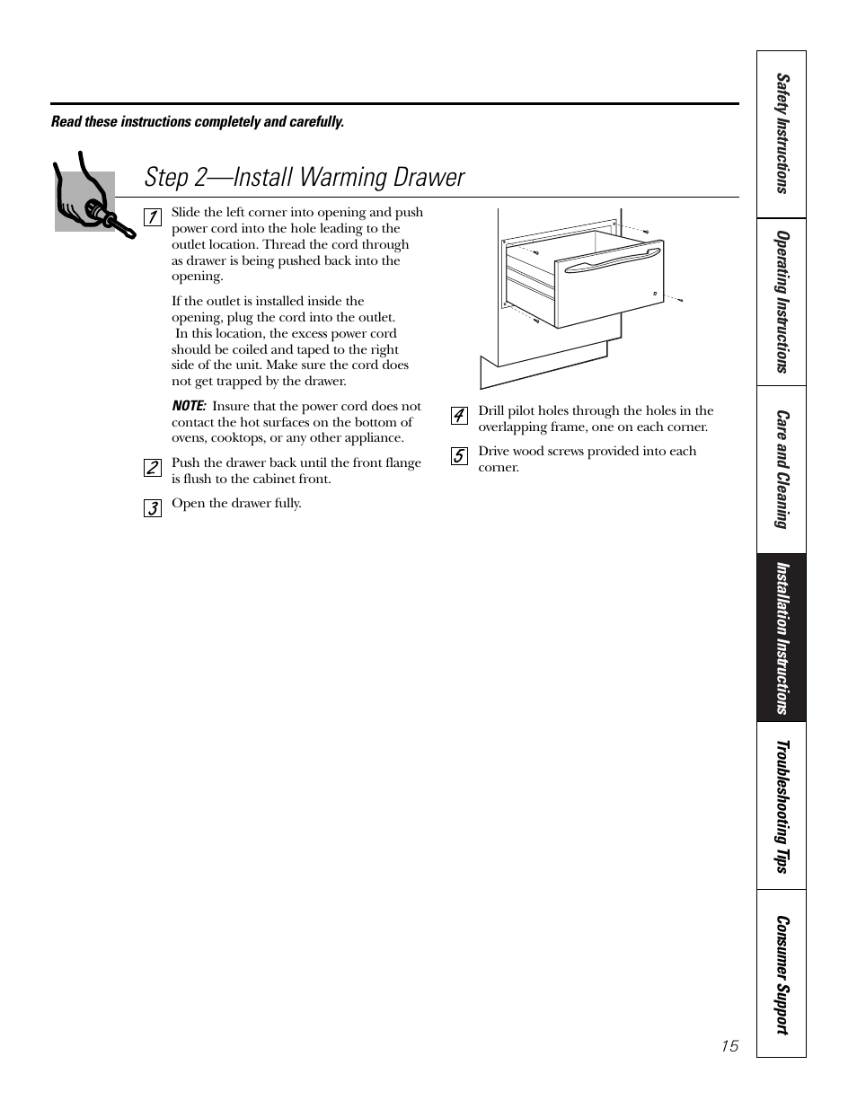 Step 2—install warming drawer | GE PTD915 User Manual | Page 15 / 24