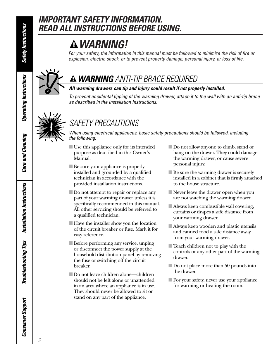 Safety instructions, Warning, Safety precautions | Warning anti-tip brace required | GE PTD915 User Manual | Page 2 / 24