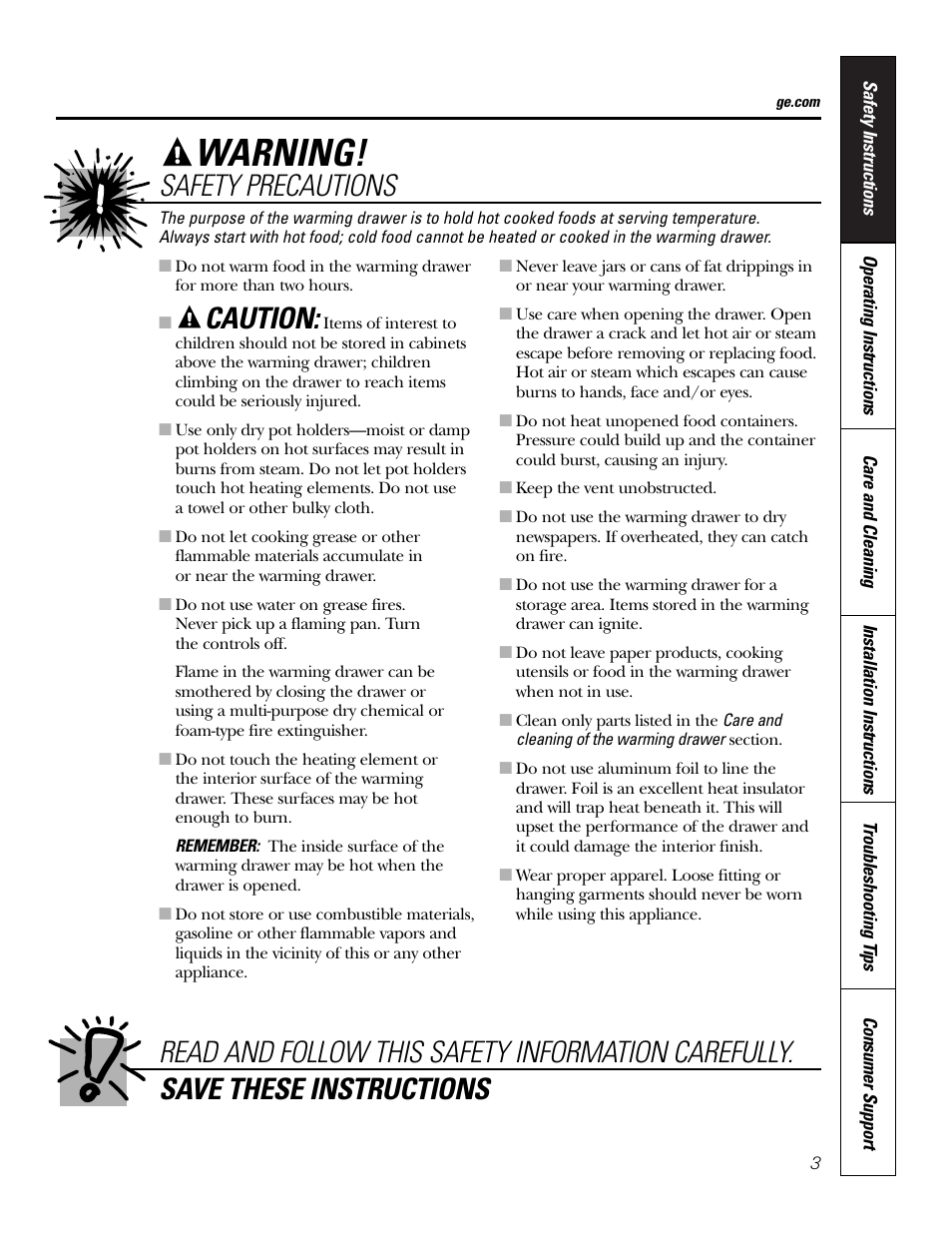 Warning, Caution | GE PTD915 User Manual | Page 3 / 24