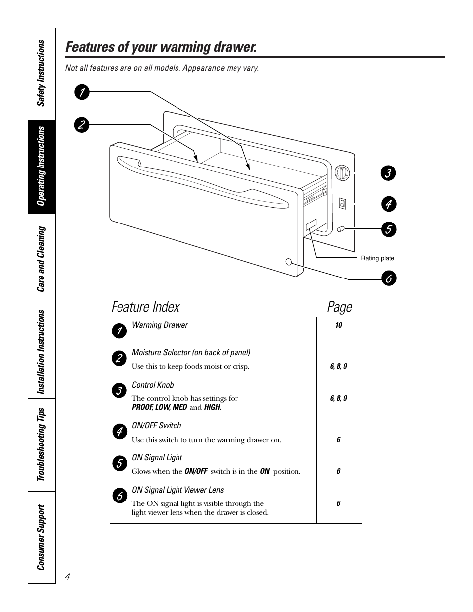 Features, Features of your warming drawer, Feature index page | GE PTD915 User Manual | Page 4 / 24