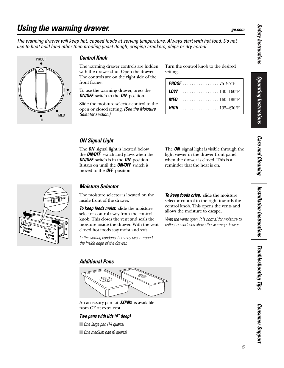 Control knob, Moisture selector, On signal light | Pans, Moisture selector on signal light pans, Using the warming drawer | GE PTD915 User Manual | Page 5 / 24