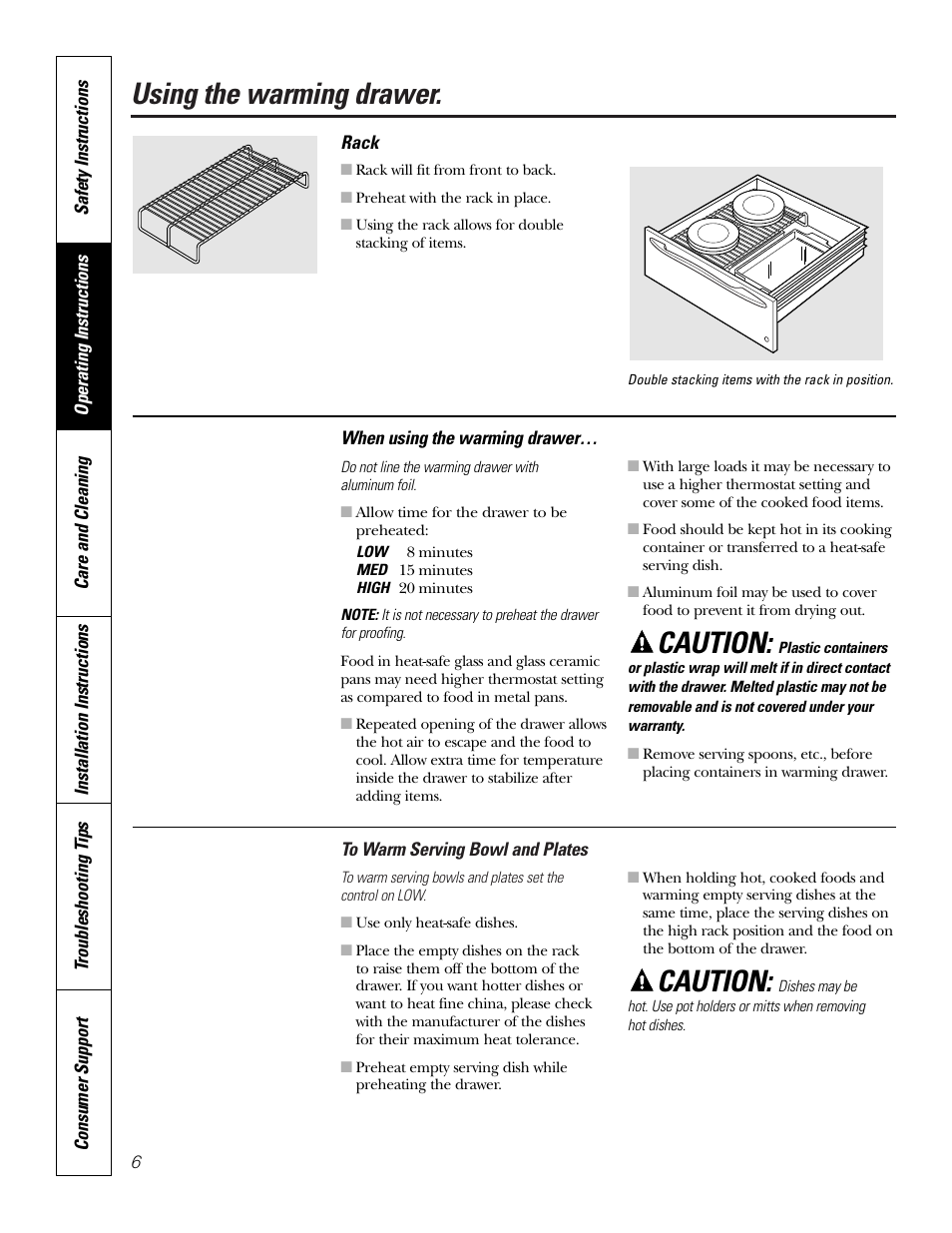 Drawer, Rack, Warming serving bowl and plates | Using the warming drawer, Caution | GE PTD915 User Manual | Page 6 / 24