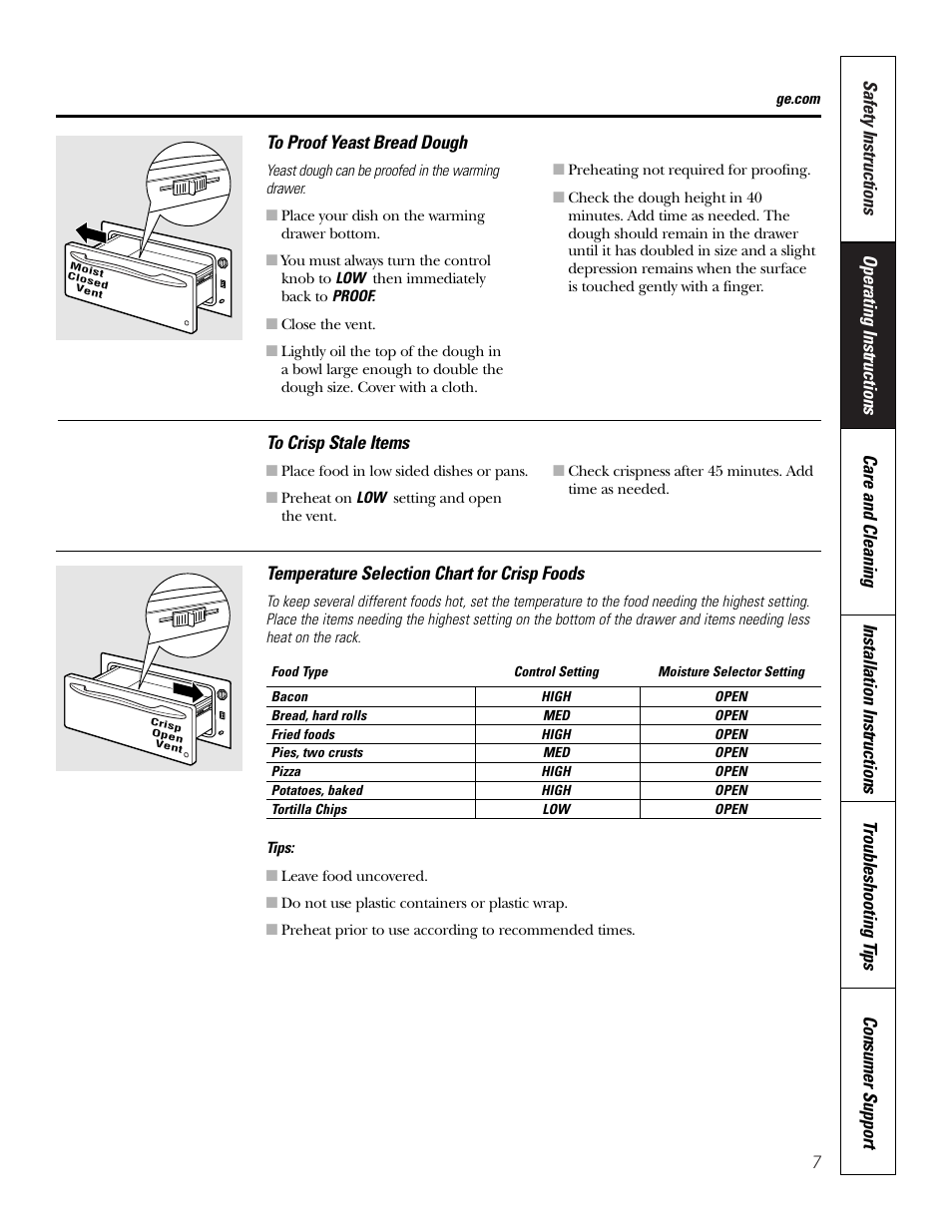 Crisping stale items, Proofing yeast bread and dough, Temperature selection charts | Temperature selection charts , 8 | GE PTD915 User Manual | Page 7 / 24