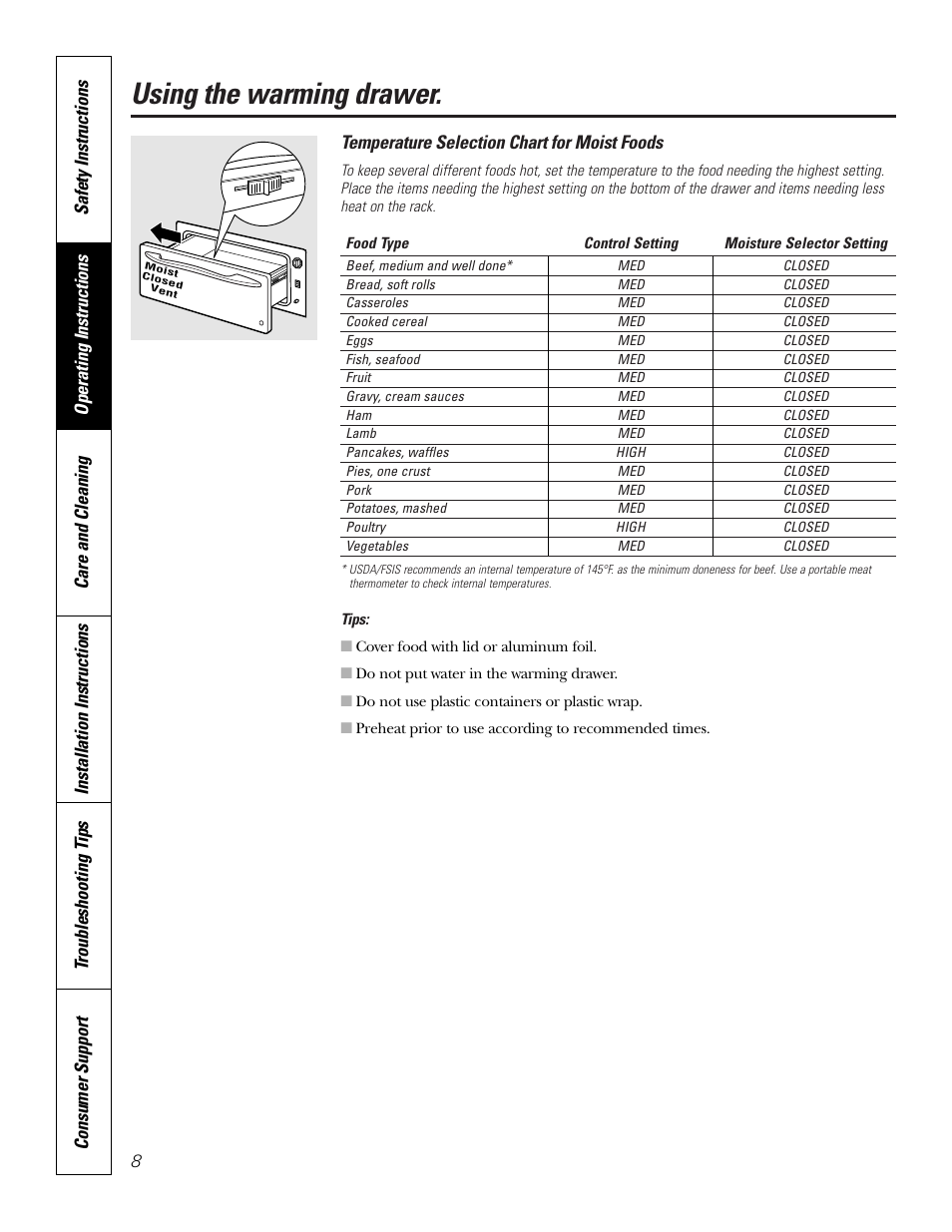 Using the warming drawer | GE PTD915 User Manual | Page 8 / 24