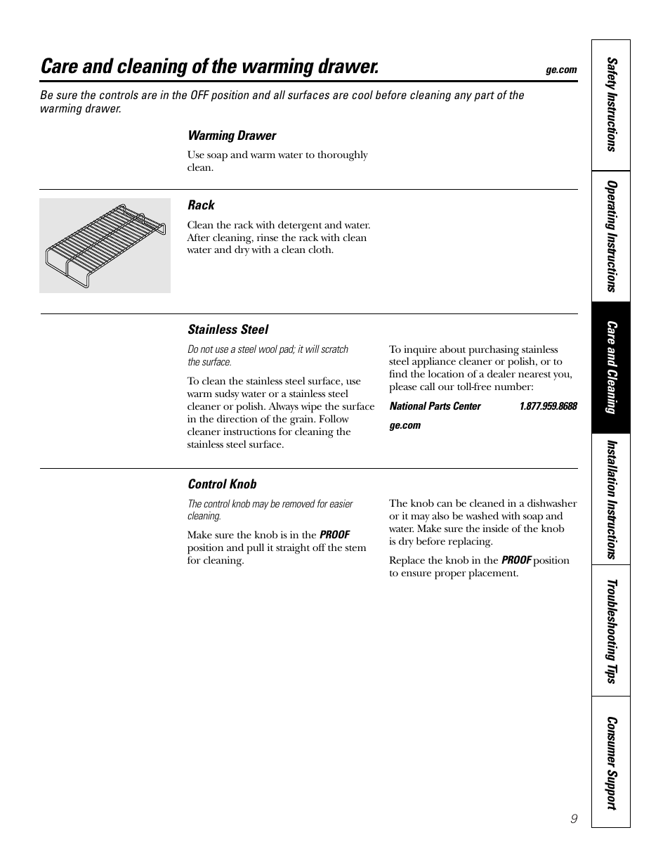 Care and cleaning, Care and cleaning of the warming drawer | GE PTD915 User Manual | Page 9 / 24