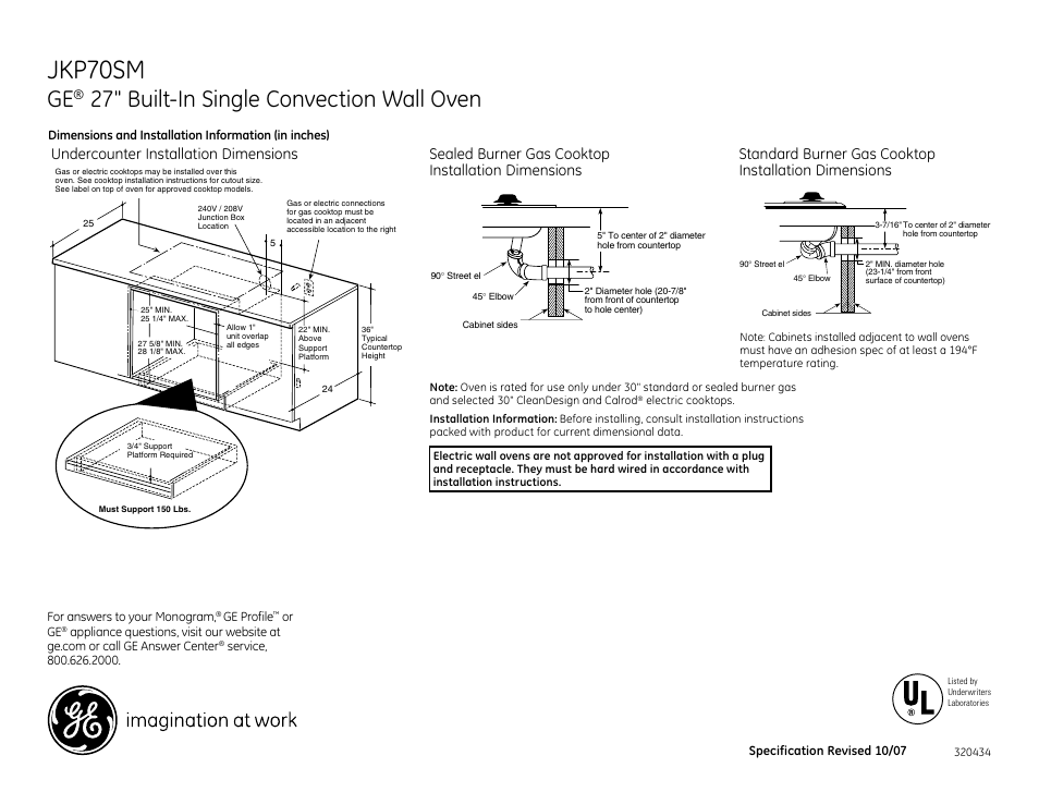 Jkp70sm, 27" built-in single convection wall oven | GE JKP70SMSS User Manual | Page 2 / 3