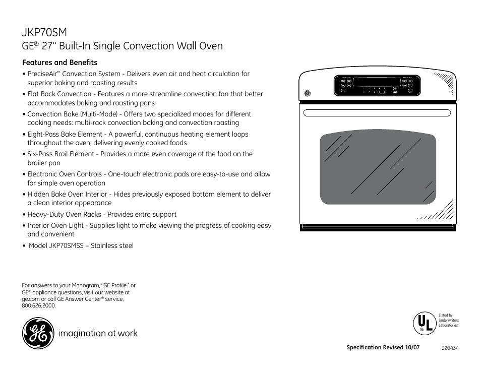 Jkp70sm, 27" built-in single convection wall oven | GE JKP70SMSS User Manual | Page 3 / 3