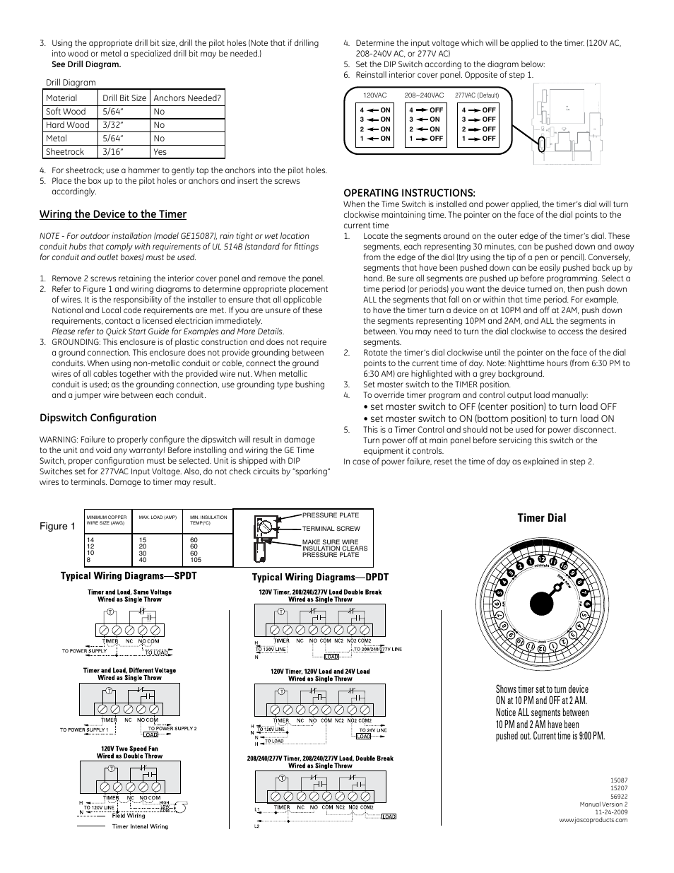 Timer dial, Wiring the device to the timer, Dipswitch configuration | Operating instructions | GE BM-A301US5-I2 User Manual | Page 2 / 2