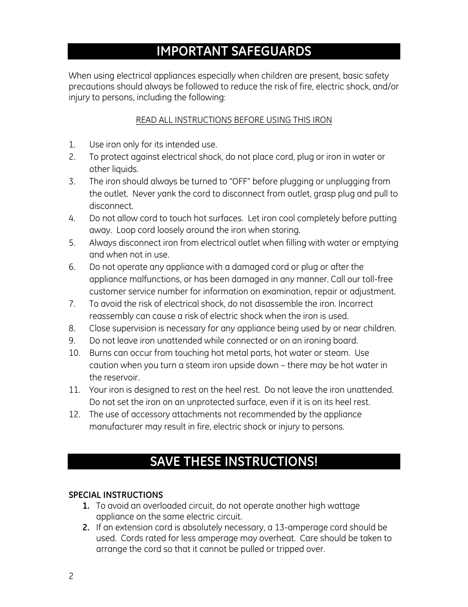 Important safeguards, Save these instructions | GE 681131690614 User Manual | Page 2 / 9