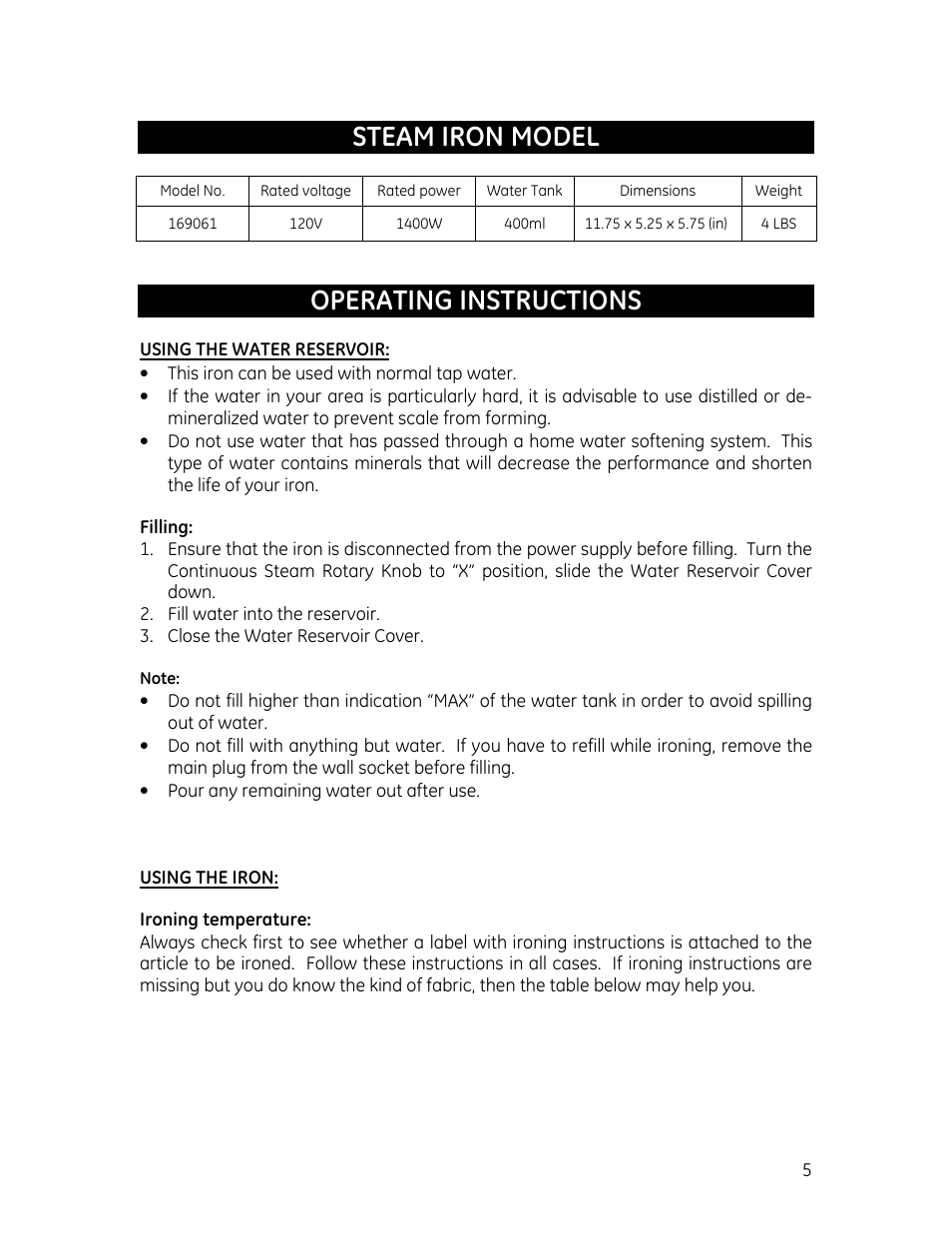 Steam iron model, Operating instructions | GE 681131690614 User Manual | Page 5 / 9