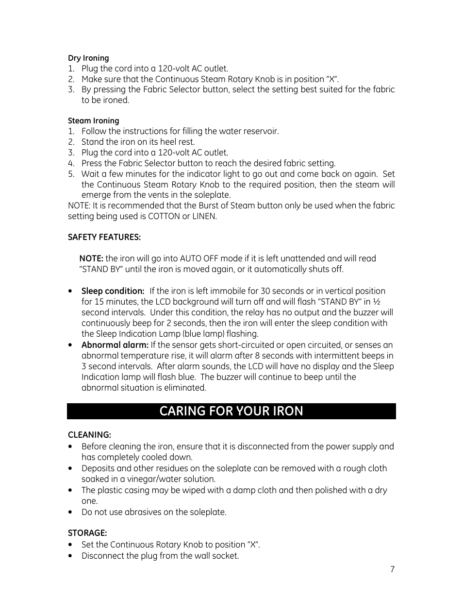 Caring for your iron | GE 681131690614 User Manual | Page 7 / 9