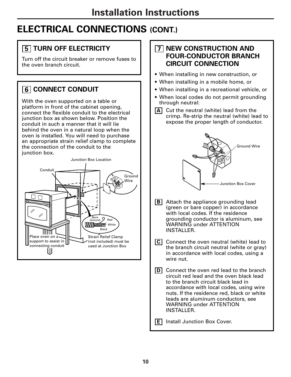 Installation instructions electrical connections, Cont.), Connect conduit | Turn off electricity | GE TRIVECTION JT980 User Manual | Page 10 / 16