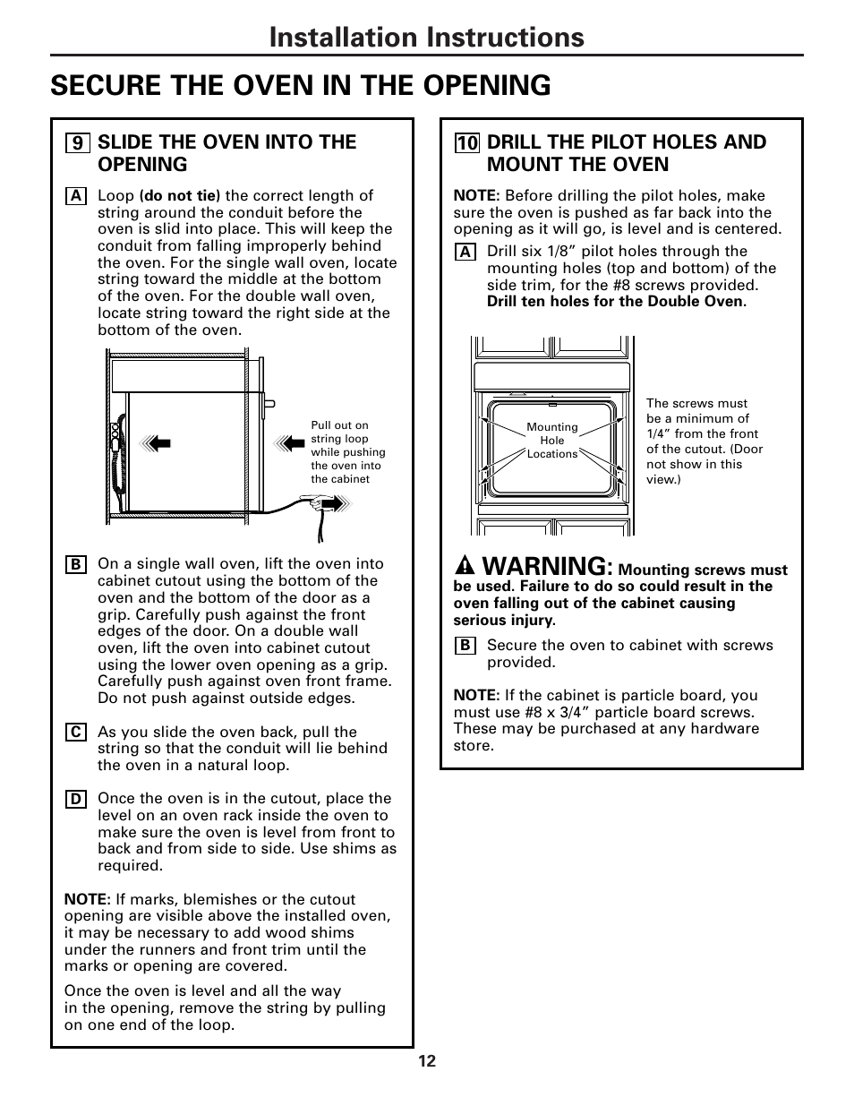 Secure the oven in the opening, Warning | GE TRIVECTION JT980 User Manual | Page 12 / 16