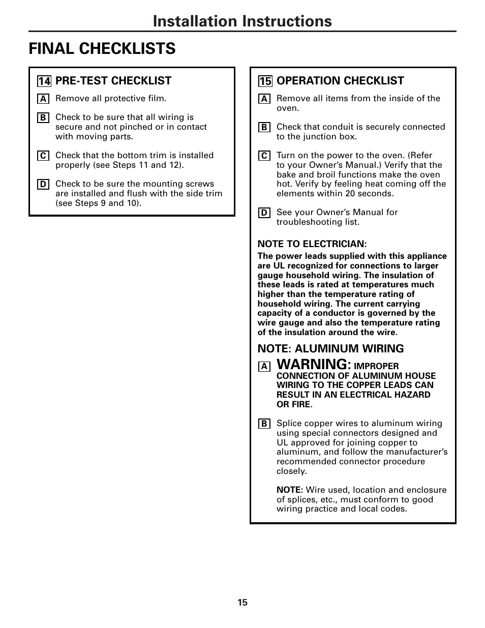 Final checklists, Installation instructions final checklists, Warning | GE TRIVECTION JT980 User Manual | Page 15 / 16