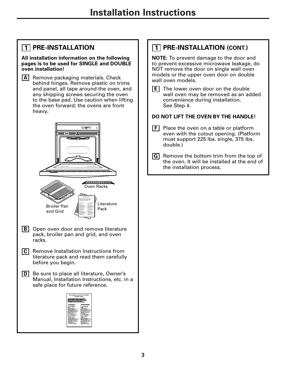 Installation instructions, Pre-installation, 1pre-installation | Cont | GE TRIVECTION JT980 User Manual | Page 3 / 16