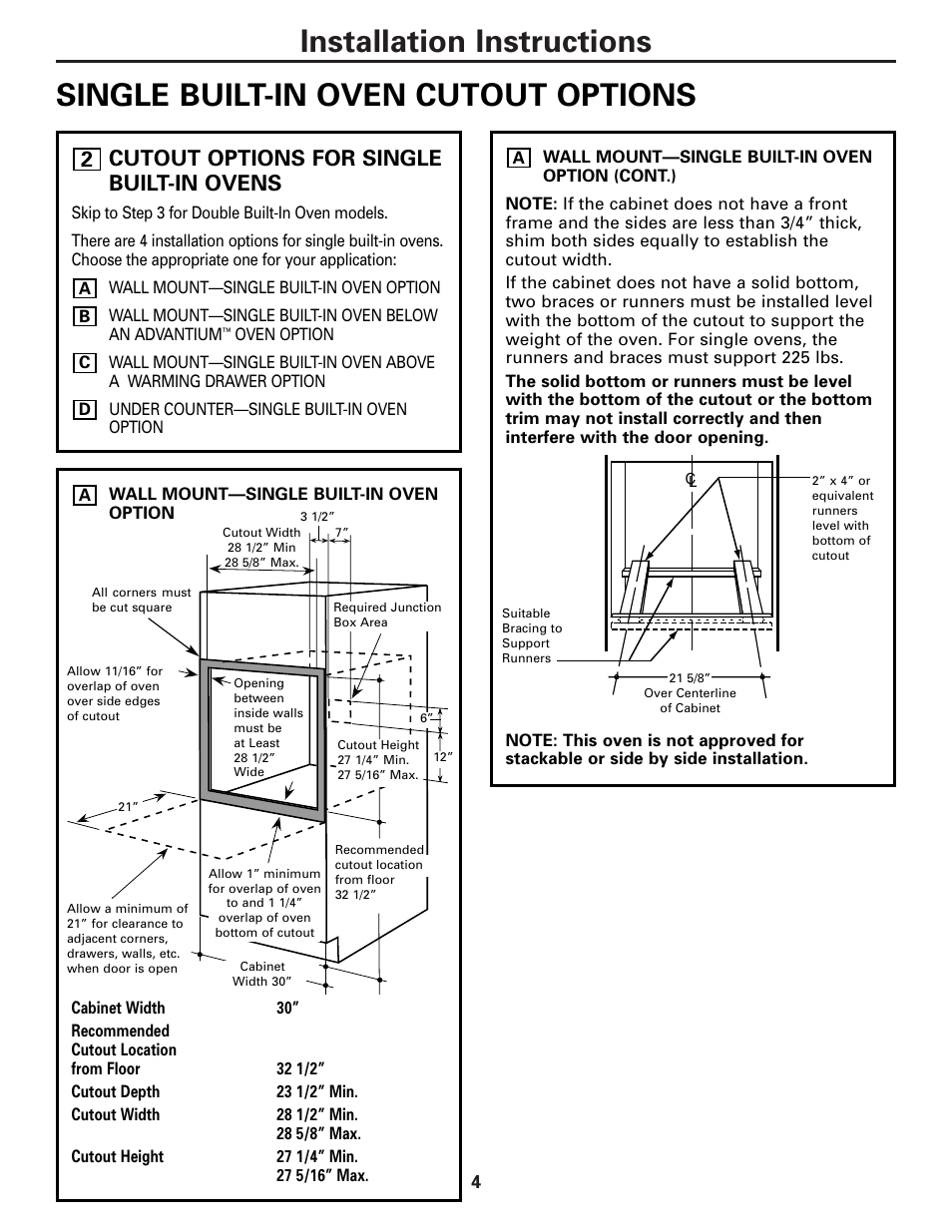 Single built-in oven cutout options, Cutout options for single built-in ovens | GE TRIVECTION JT980 User Manual | Page 4 / 16