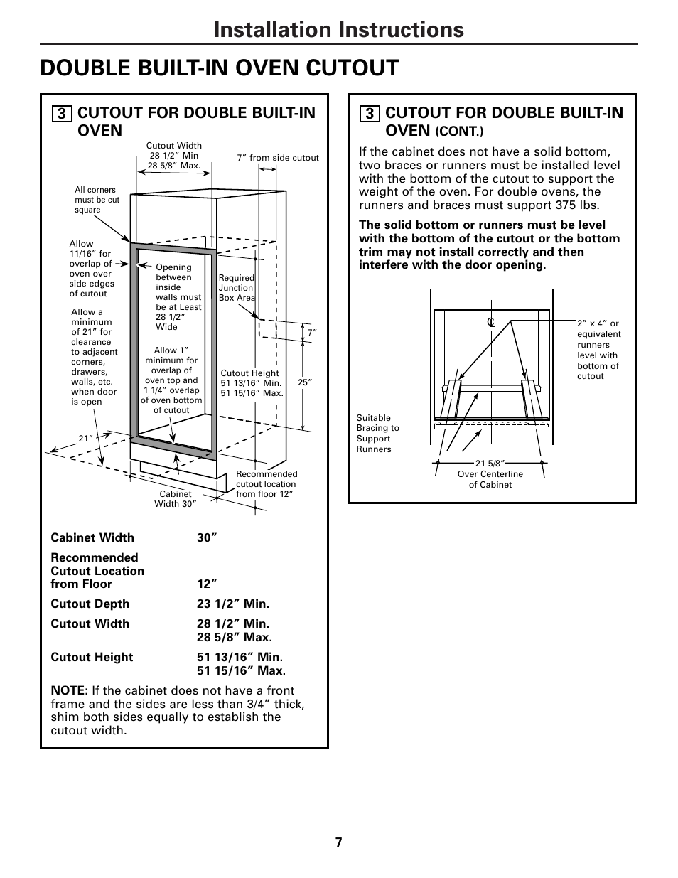 Double built-in oven cutout, Installation instructions, Cutout for double built-in oven | 3cutout for double built-in oven | GE TRIVECTION JT980 User Manual | Page 7 / 16