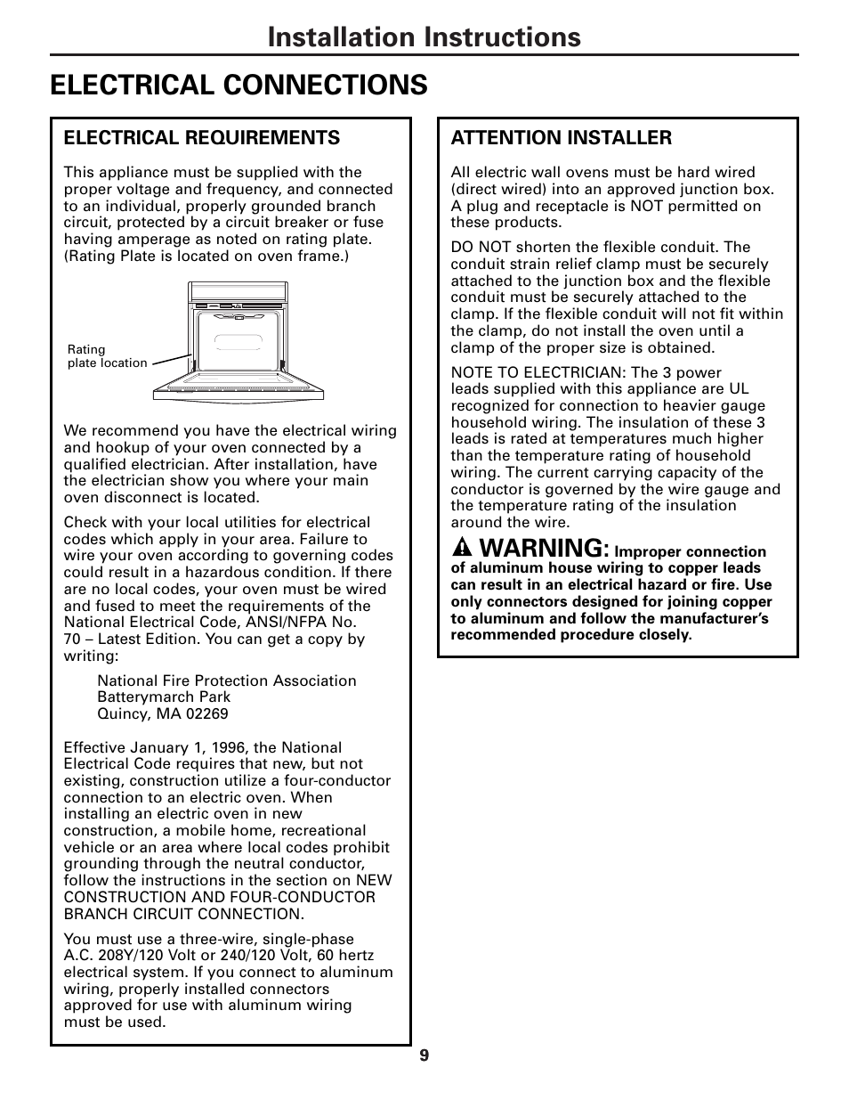 Electrical connections, Installation instructions, Warning | GE TRIVECTION JT980 User Manual | Page 9 / 16