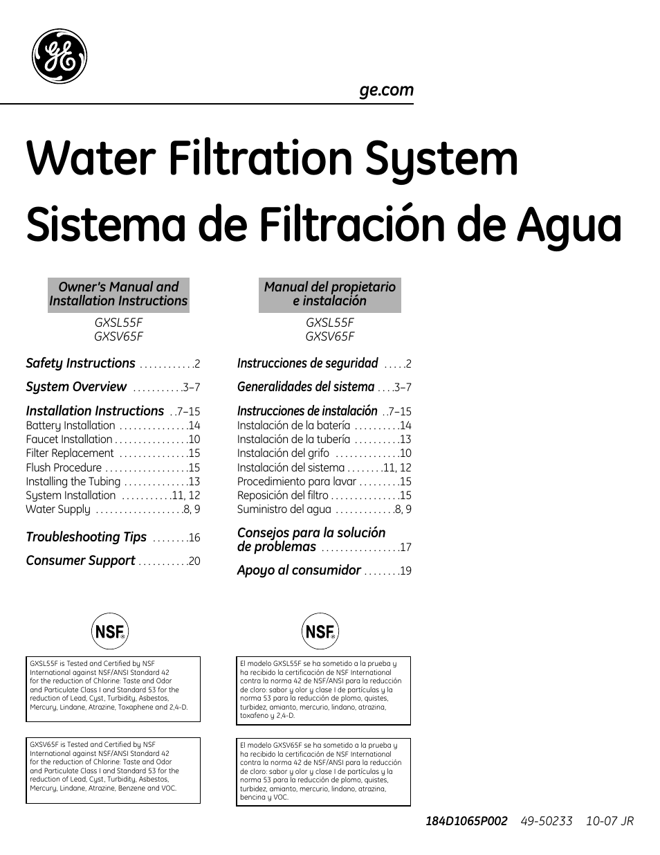 GE GXSL55F User Manual | 20 pages