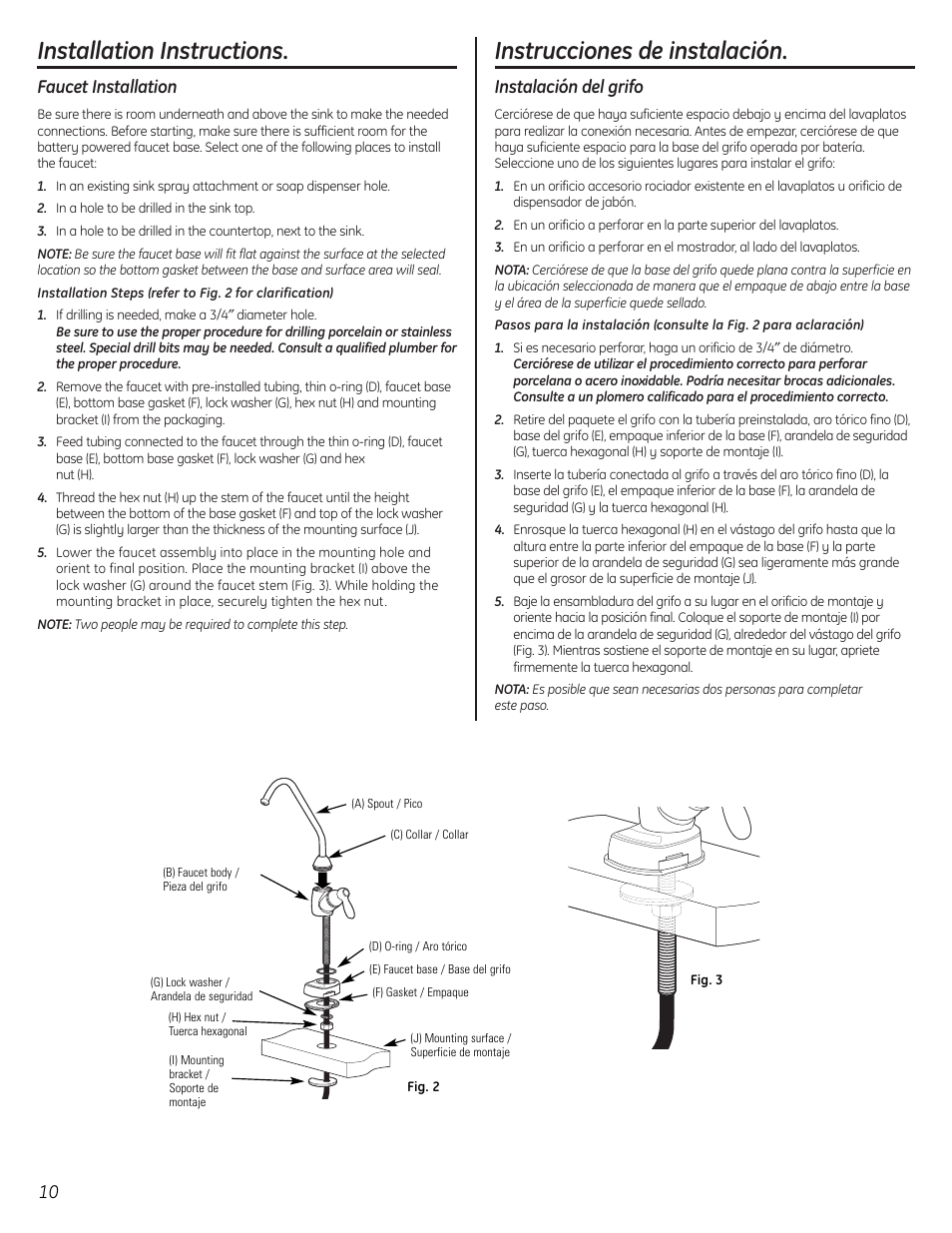 Faucet installation, Instalación del grifo, Installation instructions | Instrucciones de instalación | GE GXSL55F User Manual | Page 10 / 20