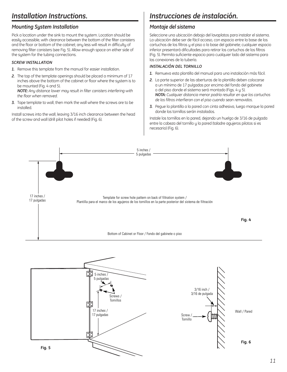 System installation, Instalación del sistema, System installation , 12 | Instalación del sistema , 12, Installation instructions, Instrucciones de instalación, Mounting system installation, Montaje del sistema | GE GXSL55F User Manual | Page 11 / 20