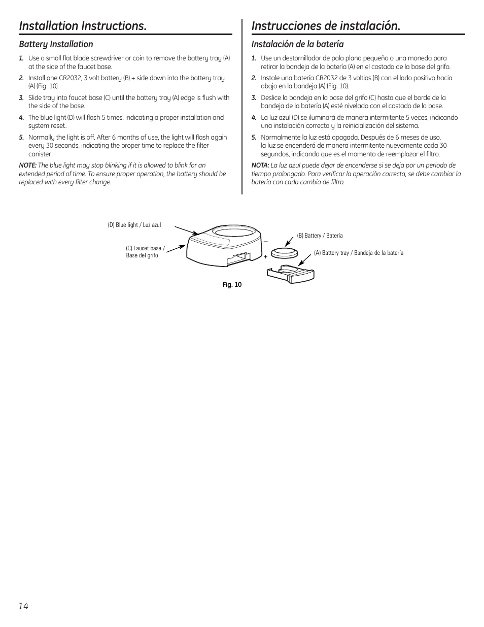 Battery installation, Instalación de la batería, Installation instructions | Instrucciones de instalación | GE GXSL55F User Manual | Page 14 / 20