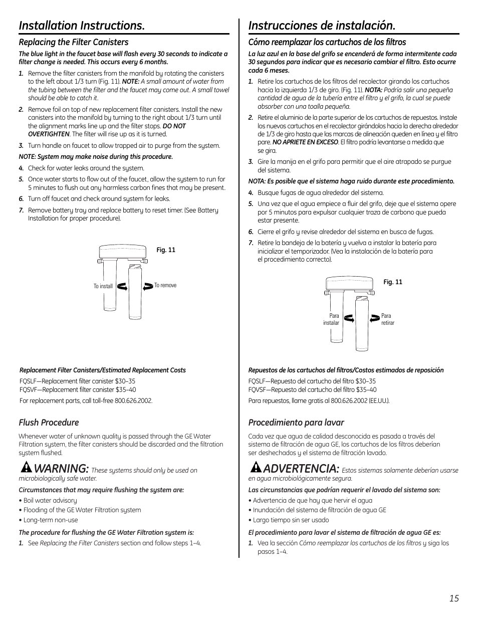 Filter replacement, Flush procedure, Procedimiento para lavar | Reposición del filtro, Filter replacement flush procedure, Procedimiento para lavar reposición del filtro, Warning, Advertencia, Installation instructions, Instrucciones de instalación | GE GXSL55F User Manual | Page 15 / 20